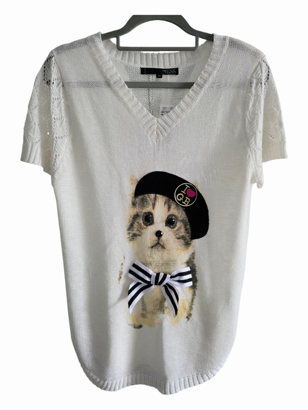 NWT NESS White Short Sleeve Knit Kitten Sweater with Beret & Ribbon Bow
